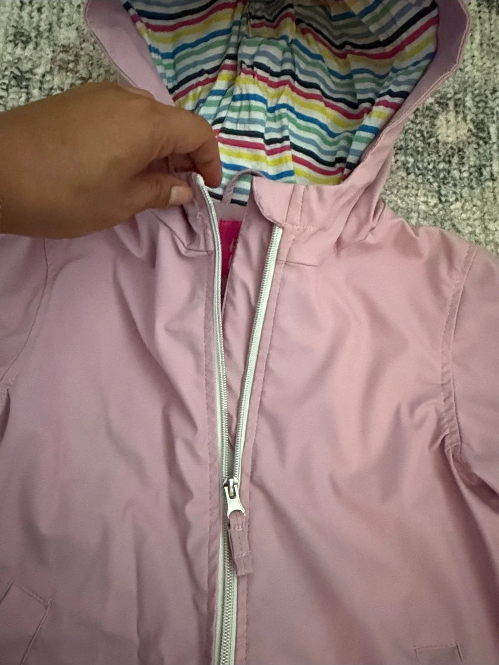 Girls' Pink Hooded Raincoat with Striped Lining